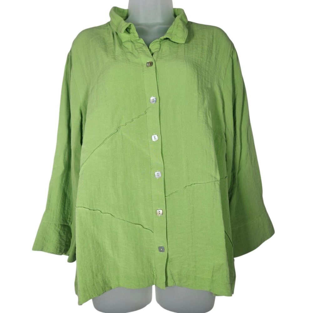 John Mark Top Womens XL Button Front Line Green Long Sleeve Boho Boxy Lagen Look